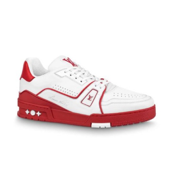 L Trainer Low Top Leather White Red Trainers Profile Shot L Trainer Low Top Leather White Red Trainers profile view on white background