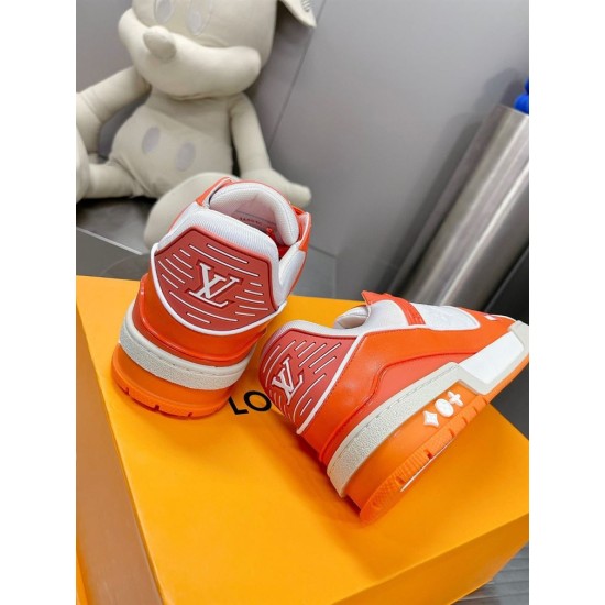 Rear view of L Trainer Low Top Orange And White Leather Sneakers highlighting heel panelling