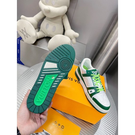 L Trainer Sneaker In Green And White Monogram Leather Sole View Underside view showcasing the green rubber tread pattern of the L Trainer Sneaker in green and white