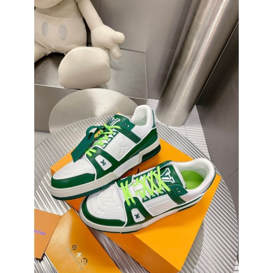 L Trainer Sneaker In Green And White Monogram Leather Pair Overhead View Pair of L Trainer Sneakers in green and white shown from an overhead perspective