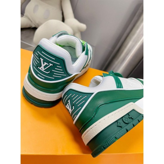 L Trainer Sneaker In Green And White Monogram Leather Heel View Rear angle view displaying the back heel tabs and branding of the green and white trainers