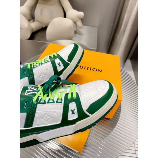 L Trainer Sneaker In Green And White Monogram Leather Toe Detail Close-up of the toe box and front paneling on the green and white L Trainer Sneaker
