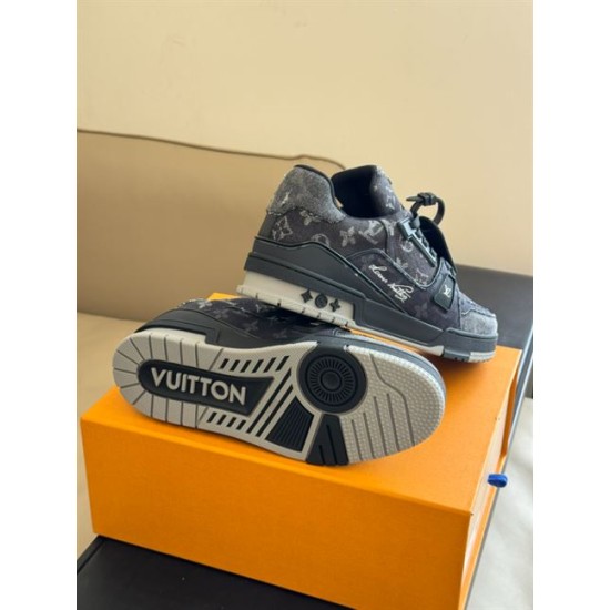 L Monogram Denim Low Top Trainer Sneakers Outsole View in denim and black Bottom sole and rear view of L Monogram Denim Low Top Trainer Sneakers in denim and black