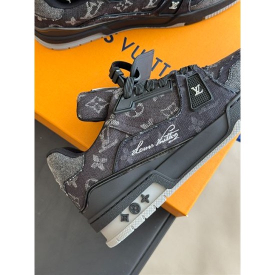 L Monogram Denim Low Top Trainer Sneakers Side Detail in denim and black Side panel detail featuring text and hardware on L Monogram Denim Low Top Trainer Sneakers in denim and black