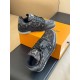 L Monogram Denim Low Top Trainer Sneakers Overhead View in denim and black Overhead perspective of L Monogram Denim Low Top Trainer Sneakers showing tongue detail in denim and black
