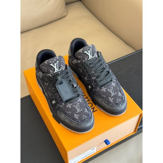 L Monogram Denim Low Top Trainer Sneakers Front View in denim and black Front upper view of L Monogram Denim Low Top Trainer Sneakers showing laces in denim and black