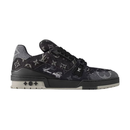 L Monogram Denim Low Top Trainer Sneakers Profile View in denim and black Profile view of L Monogram Denim Low Top Trainer Sneakers in black and grey