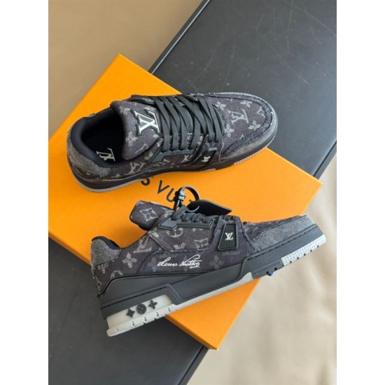 L Monogram Denim Low Top Trainer Sneakers Top View in denim and black Top down view of L Monogram Denim Low Top Trainer Sneakers pair on box in denim and black