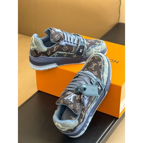 Toe Box and Lacing - L Blue Denim Sneakers Overhead angle focusing on the toe box and lacing of L blue denim sneakers