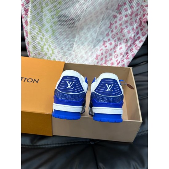 Rear view of L Trainer Rhinestone Blue White Leather Low Top Sneakers featuring striped heel counters