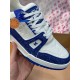 Detailed close-up on the blue rhinestone encrusted quarter panel of L Trainer Rhinestone Blue White Leather Low Top Sneakers