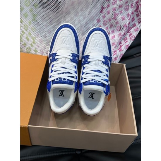 Direct top-down shot of L Trainer Rhinestone Blue White Leather Low Top Sneakers interiors and tongue branding
