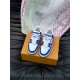 Overhead perspective of L Trainer Rhinestone Blue White Leather Low Top Sneakers showing lace setup