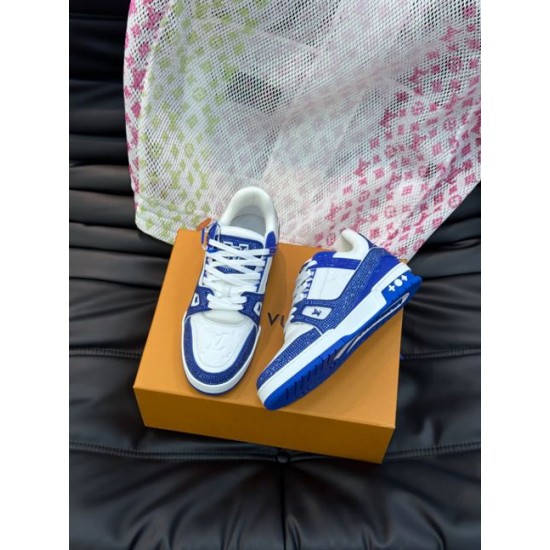 Angled top view of L Trainer Rhinestone Blue White Leather Low Top Sneakers highlighting toe box texture
