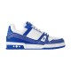 Side profile of L Trainer Rhinestone Blue White Leather Low Top Sneakers showing blue crystal mudguard