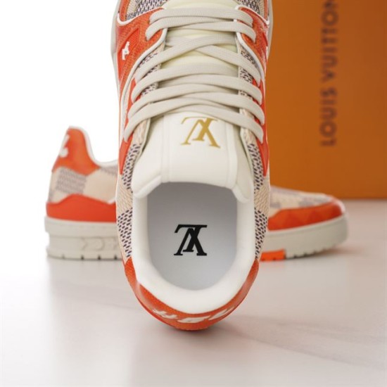 L Trainer Sneaker In Orange And White Damier Print Interior View Interior collar and insole detail of L Trainer Sneaker In Orange And White Damier Print