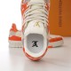 L Trainer Sneaker In Orange And White Damier Print Interior View Interior collar and insole detail of L Trainer Sneaker In Orange And White Damier Print