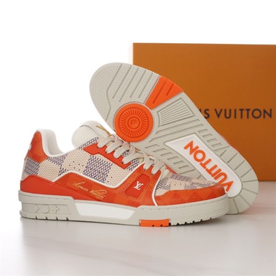 L Trainer Sneaker In Orange And White Damier Print Sole View Sole tread view of L Trainer Sneaker In Orange And White Damier Print with embossed logo
