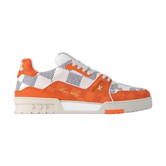 L Trainer Sneaker In Orange And White Damier Print Profile View Profile view of L Trainer Sneaker In Orange And White Damier Print on plain background