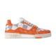 L Trainer Sneaker In Orange And White Damier Print Studio Profile Studio profile view of L Trainer Sneaker In Orange And White Damier Print