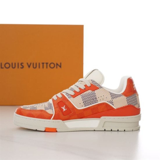L Trainer Sneaker In Orange And White Damier Print Lateral View Lateral outer side view of L Trainer Sneaker In Orange And White Damier Print