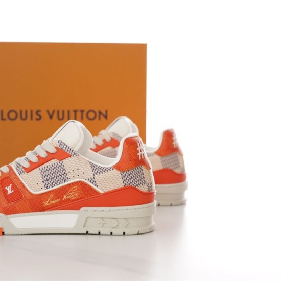L Trainer Sneaker In Orange And White Damier Print Back Angle View Back angle view of L Trainer Sneaker In Orange And White Damier Print showing heel counter