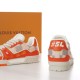 L Trainer Sneaker In Orange And White Damier Print Rear Heel View Rear heel view of L Trainer Sneaker In Orange And White Damier Print highlighting number detail