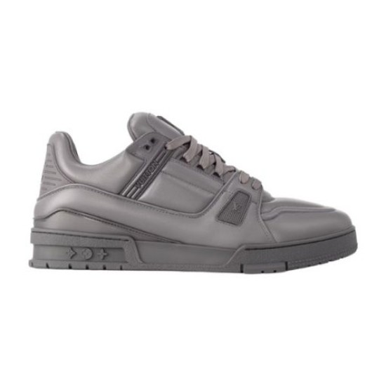 Studio side profile shot of the L Trainer Monochrome Low Top Leather Trainers in grey