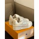 L Trainer Low Top Beige Leather Sneakers - Rear Quarter L Trainer Low Top Beige Leather Sneakers rear quarter view showing heel padding
