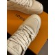L Trainer Low Top Beige Leather Sneakers - Top Toe View L Trainer Low Top Beige Leather Sneakers top down view of toe box