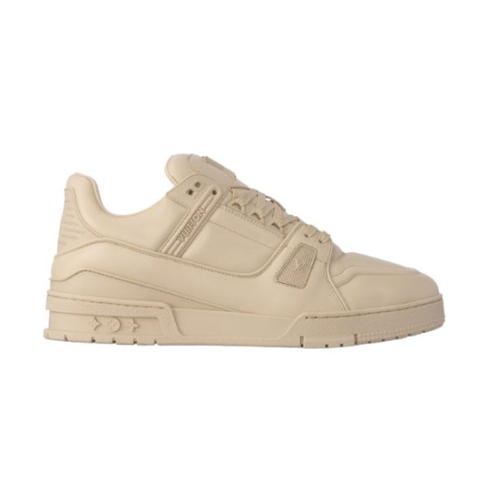 L Trainer Low Top Beige Leather Sneakers - Side Profile L Trainer Low Top Beige Leather Sneakers side profile view
