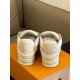 L Trainer Low Top Beige Leather Sneakers - Rear Heel View L Trainer Low Top Beige Leather Sneakers rear view of heel counters