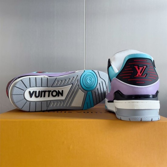 Bottom sole and rear heel view of the L Trainer Sneaker in light blue and purple