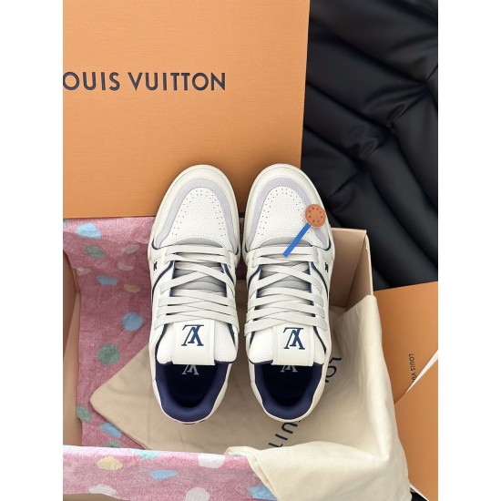 L Trainer Sneaker Low Top Leather White Navy Top View L Trainer Sneaker Low Top Leather White Navy top down view showing tongue and laces