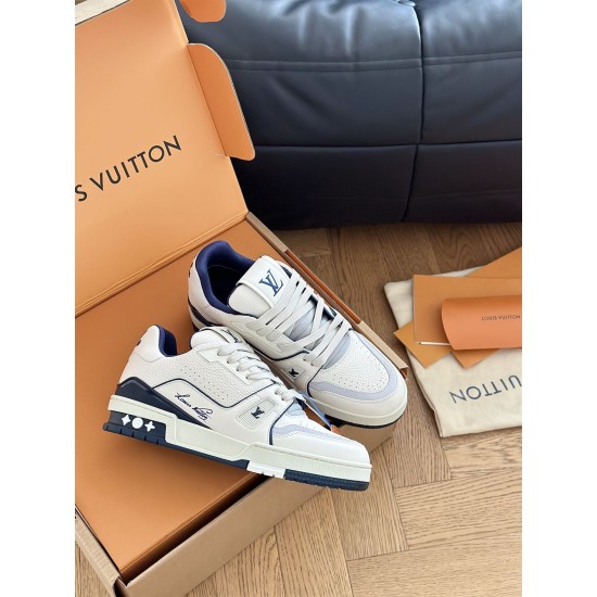 L Trainer Sneaker Low Top Leather White Navy Unboxed L Trainer Sneaker Low Top Leather White Navy arranged inside packaging with dust bag