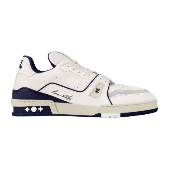 L Trainer Sneaker Low Top Leather White Navy Side View L Trainer Sneaker Low Top Leather White Navy lateral side profile view