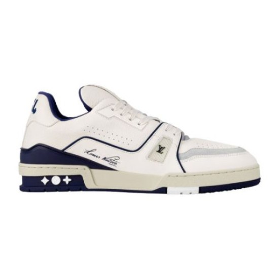 L Trainer Sneaker Low Top Leather White Navy Studio Profile L Trainer Sneaker Low Top Leather White Navy studio side profile view on white background