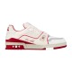 Side profile of L white and red leather trainers