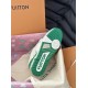 L Trainer Sneaker Sole View in white and green Bottom outsole view of L trainer sneaker showing green rubber tread and branding in white and green
