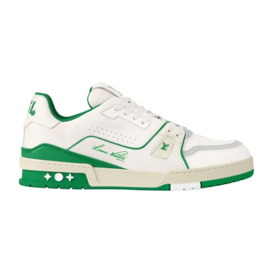 L Trainer Sneaker Side Profile in white and green Side view of L white and green grained leather low-top trainer sneaker