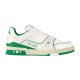L Trainer Sneaker Side Profile in white and green Side view of L white and green grained leather low-top trainer sneaker