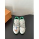 L Trainer Sneakers Front Facing View in white and green Front view showing tongues and lace-up fronts of white and green L trainers