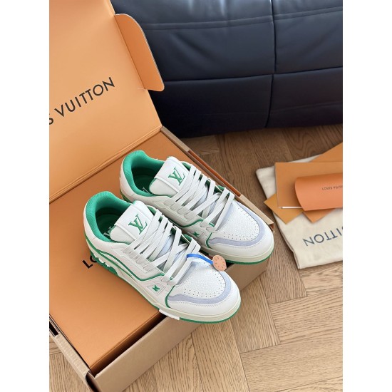L Trainer Sneakers Top Angle View in white and green Top angled view of pair of L white and green sneakers