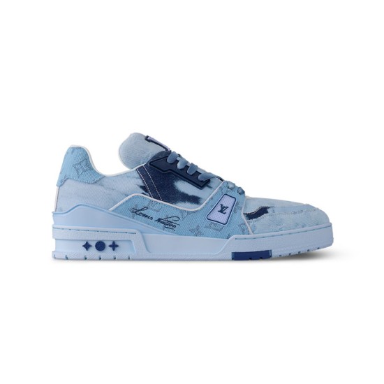 Side View of L Bleached Monogram Denim Blue Low Top Trainers Side profile of L bleached monogram denim blue low top trainers showing panel details