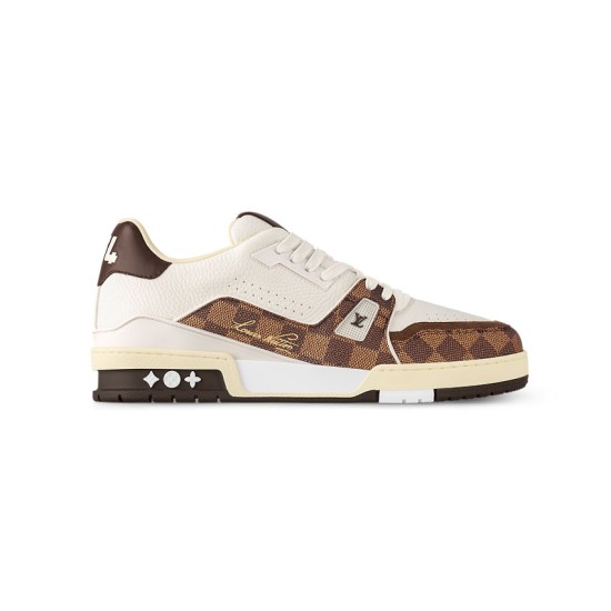 L Trainer Damier Leather White Brown Low Top Trainers Lateral View Side profile of L Trainer Damier leather white brown low top trainers showcasing gold script detail and floral rubber sole motifs