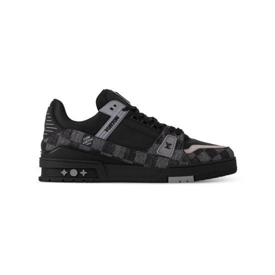 Profile view of black and grey checkered L Trainer Damier Denim Black Low Top Sneakers