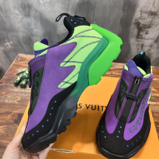 Angled perspective of L Millenium Zip Low Top Trainers Green Purple L Millenium Zip Low Top Trainers Green Purple angled view showing upper panels