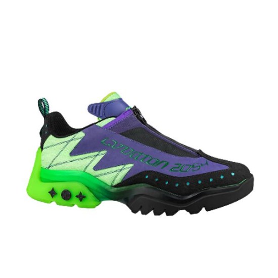 Outer side profile of L Millenium Zip Low Top Trainers Green Purple L Millenium Zip Low Top Trainers Green Purple viewed from the outer side profile