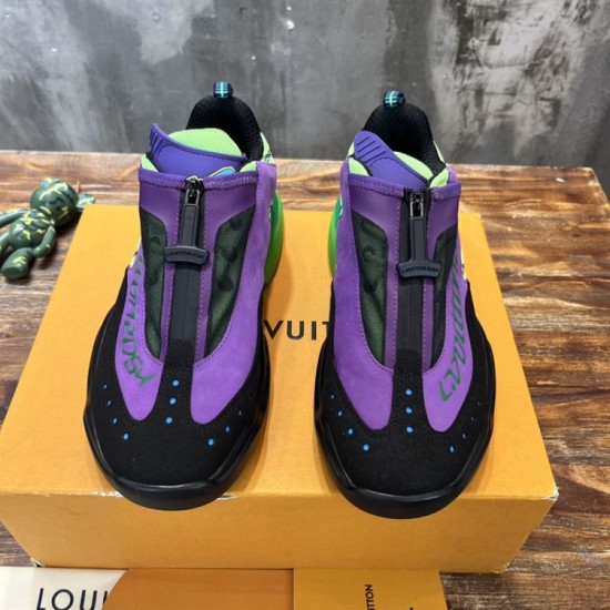 Front view of L Millenium Zip Low Top Trainers Green Purple L Millenium Zip Low Top Trainers Green Purple front view highlighting the zip closure