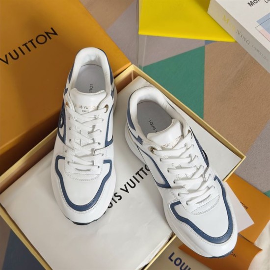 L Trainers White and Blue Upper View Front upper view of L trainers in white and blue displaying eyelets